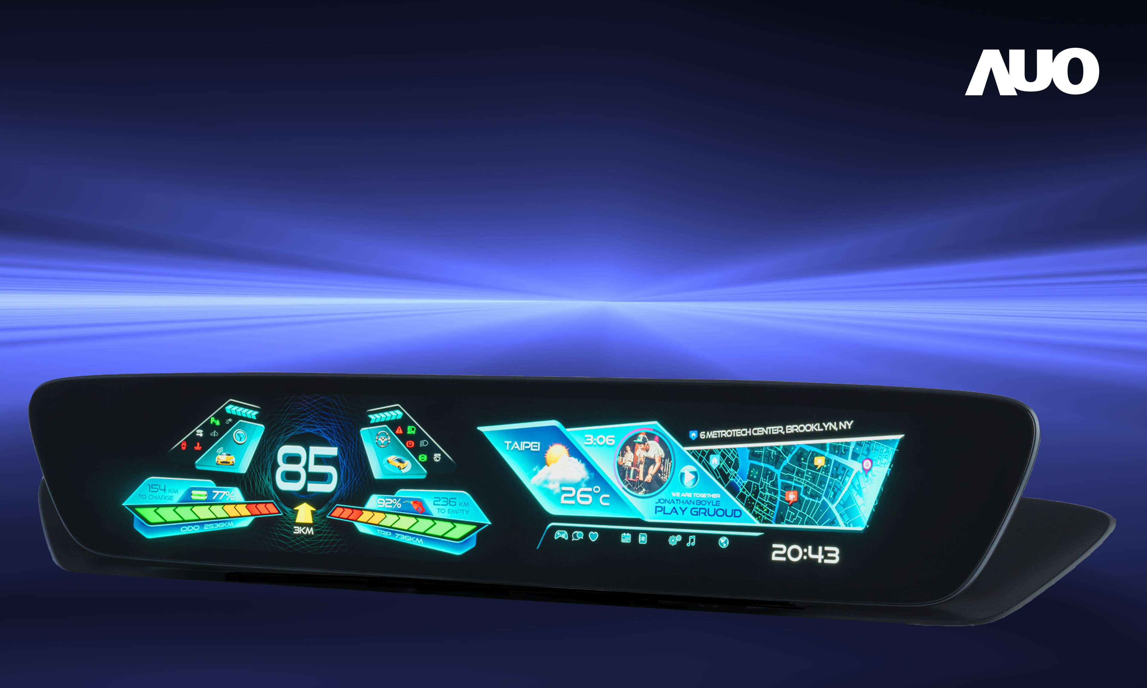 友達30.4吋異形曲面AmLED車載顯示系統，為一兼具儀表板及中控台人機介面的創新車載顯示系統，結合美學設計，提升車內科技沉浸感及使用體驗，讓車載顯示的未來應用更加多元化