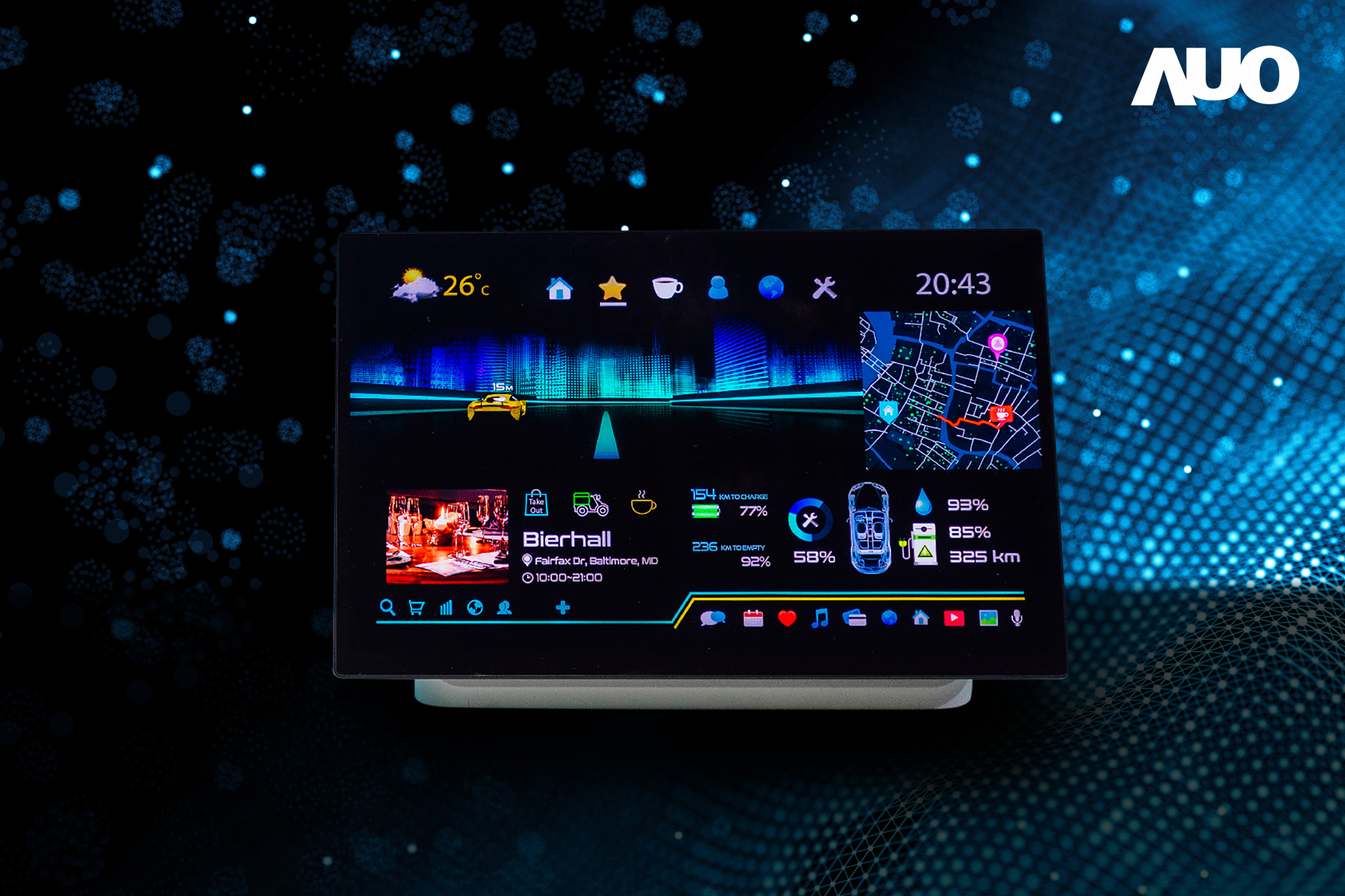 友達16吋超高色域車載中控獲得2025顯示器元件產品技術獎之面板模組類傑出產品獎，首次在車載領域採用藍光COB（LED chip-on-board）搭載量子點（Quantum Dot）膜之Mini LED解決方案實現廣色域